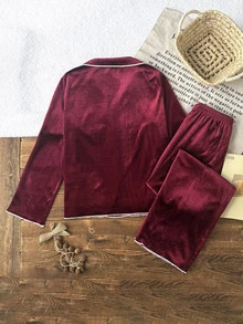 SHEIN Tween Girls Kids Simple Comfortable Soft Velvet Fabric Pocket Long Sleeve Pants 2 Pieces Set Loungewear Autumn/Winter/All Season Halloween/Christmas - Burgundy - View 3