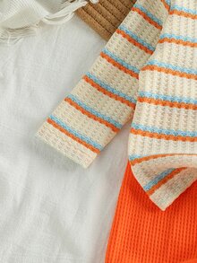 SHEIN Soft Comfort  راحة استثنائية Súper Cómodo Waffle Knit Stripe Set Bear Chest Pocket Top Casual Cute Basic 0-12M Holiday Beige Orange Autumn - Burnt Orange - View 5