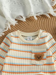 SHEIN Soft Comfort  راحة استثنائية Súper Cómodo Waffle Knit Stripe Set Bear Chest Pocket Top Casual Cute Basic 0-12M Holiday Beige Orange Autumn - Burnt Orange - View 8