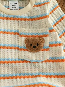 SHEIN Soft Comfort  راحة استثنائية Súper Cómodo Waffle Knit Stripe Set Bear Chest Pocket Top Casual Cute Basic 0-12M Holiday Beige Orange Autumn - Burnt Orange - View 6