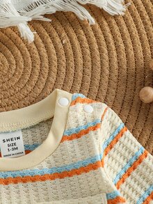 SHEIN Soft Comfort  راحة استثنائية Súper Cómodo Waffle Knit Stripe Set Bear Chest Pocket Top Casual Cute Basic 0-12M Holiday Beige Orange Autumn - Burnt Orange - View 7