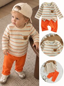 SHEIN Soft Comfort  راحة استثنائية Súper Cómodo Waffle Knit Stripe Set Bear Chest Pocket Top Casual Cute Basic 0-12M Holiday Beige Orange Autumn - Burnt Orange - View 3