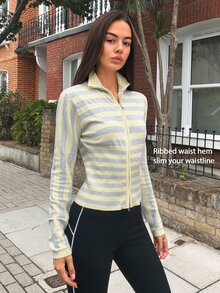 Fluxe Women's Striped Contrast Color Sporty Casual Zip-Up Knit Top - Light Yellow - View 9