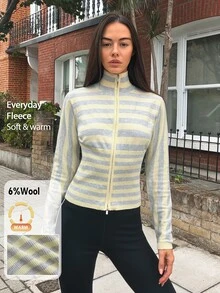 Fluxe Women's Striped Contrast Color Sporty Casual Zip-Up Knit Top - Light Yellow - View 1