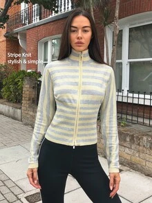 Fluxe Women's Striped Contrast Color Sporty Casual Zip-Up Knit Top - Light Yellow - View 12
