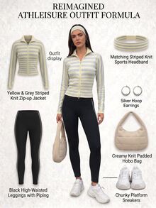 Fluxe Women's Striped Contrast Color Sporty Casual Zip-Up Knit Top - Light Yellow - View 3