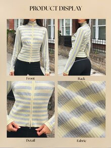 Fluxe Women's Striped Contrast Color Sporty Casual Zip-Up Knit Top - Light Yellow - View 4