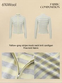 Fluxe Women's Striped Contrast Color Sporty Casual Zip-Up Knit Top - Light Yellow - View 6