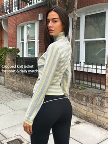 Fluxe Women's Striped Contrast Color Sporty Casual Zip-Up Knit Top - Light Yellow - View 8