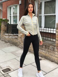 Fluxe Women's Striped Contrast Color Sporty Casual Zip-Up Knit Top - Light Yellow - View 11
