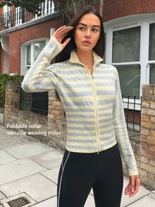 Fluxe Women's Striped Contrast Color Sporty Casual Zip-Up Knit Top - Light Yellow - View 10
