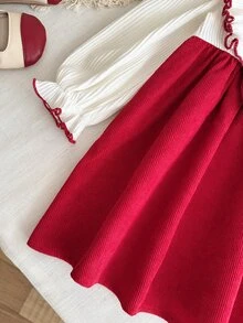 SHEIN Baby Girl Knitted Ruffle Round Neck Patchwork Woven Corduroy Hem Casual Dress, Red/White Dress, Christmas, Holiday Style - Red and White - View 7