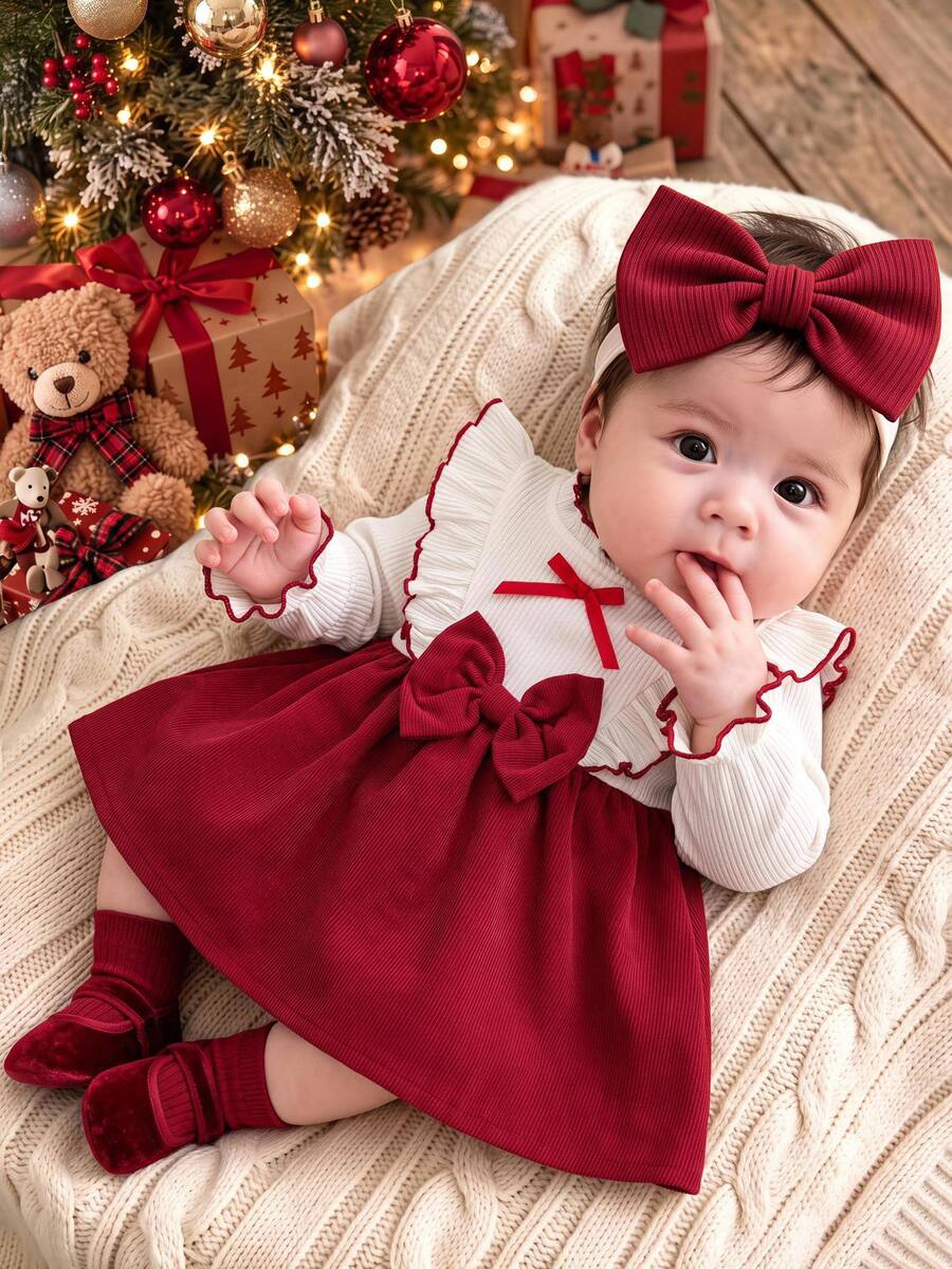 SHEIN Baby Girl Knitted Ruffle Round Neck Patchwork Woven Corduroy Hem Casual Dress, Red/White Dress, Christmas, Holiday Style - Red and White - View 1