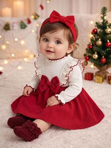 SHEIN Baby Girl Knitted Ruffle Round Neck Patchwork Woven Corduroy Hem Casual Dress, Red/White Dress, Christmas, Holiday Style - Red and White - View 5