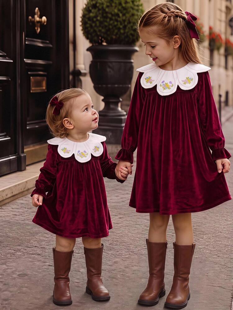 SHEIN Kids Young Girl Young Girls Cute Vacation Casual Apricot Plaid Pattern Bow Long Sleeve Loose Dress Autumn Floral Dress, School ,Back To School,School - Red - View 3