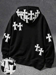 Manfinity EMRG Men's Hooded Sweatshirt, 3D Raised Foam Cross Graphic On Back & Sleeve, Goth Street Style Casual Ho - Black - View 1