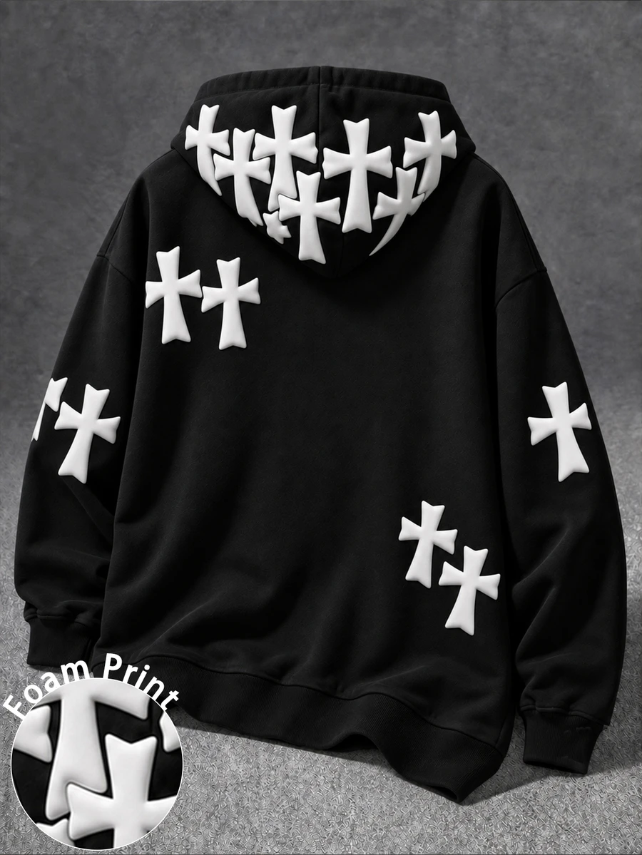 Manfinity EMRG Men's Hooded Sweatshirt, 3D Raised Foam Cross Graphic On Back & Sleeve, Goth Street Style Casual Ho - Black - View 1