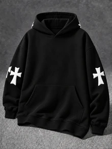 Manfinity EMRG Men's Hooded Sweatshirt, 3D Raised Foam Cross Graphic On Back & Sleeve, Goth Street Style Casual Ho - Black - View 4
