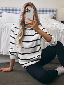 Elafinee 女士休闲抓绒条纹下摆拼接圆领长袖卫衣，长袖上衣，毕业季、教师节、返校季套头衫 - 黑與白 - 查看 3