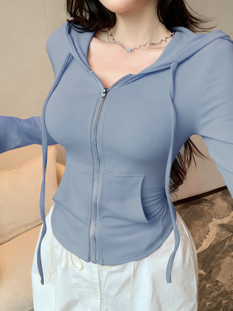 DAZY Valentine's Day Zip-Up Hoodie T-Shirt, Tight Fit Women T-Shirt Long Sleeve - Blue - View 2
