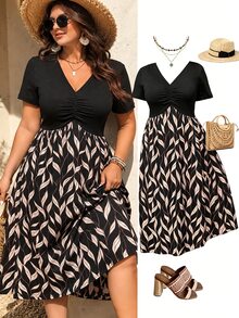 Weeklong Elegant Casual V-Neck Pleated Design Short Sleeve Knit Plus Size Women's Dress New Style - Multicolor - View 1