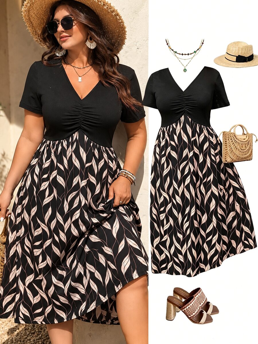 Weeklong Elegant Casual V-Neck Pleated Design Short Sleeve Knit Plus Size Women's Dress New Style - Multicolor - View 1