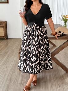 Weeklong Elegant Casual V-Neck Pleated Design Short Sleeve Knit Plus Size Women's Dress New Style - Multicolor - View 6