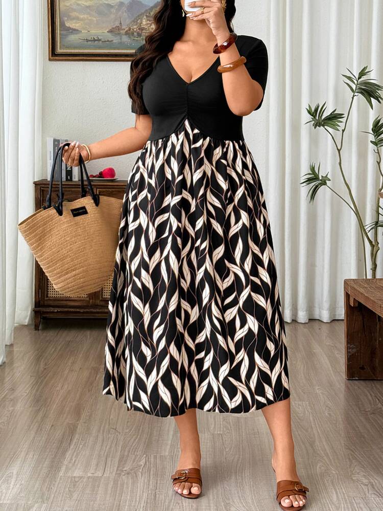 Weeklong Elegant Casual V-Neck Pleated Design Short Sleeve Knit Plus Size Women's Dress New Style - Multicolor - View 3