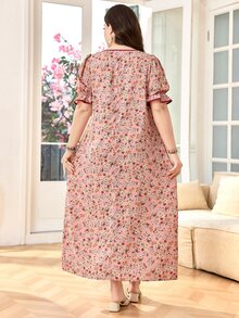 Lacomfia 大码女式方领泡泡袖宽松舒适浪漫碎花连衣裙 - 彩色 - 查看 2