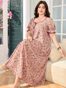 Lacomfia 大码女式方领泡泡袖宽松舒适浪漫碎花连衣裙 - 彩色 - 查看 3