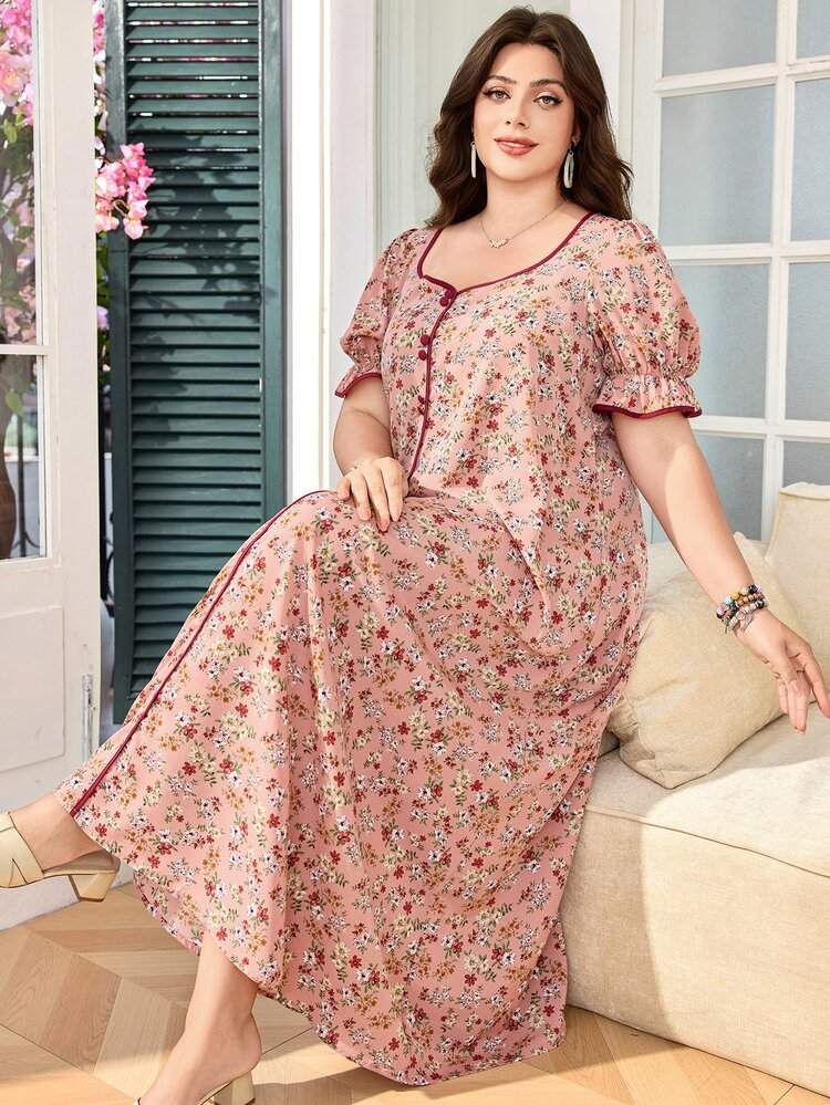Lacomfia Plus Size Women's Square Neck Puff Sleeve Loose Comfortable Romantic Ditsy Floral Dress - Multicolor - View 3