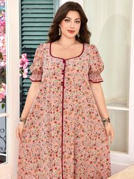 Lacomfia Plus Size Women's Square Neck Puff Sleeve Loose Comfortable Romantic Ditsy Floral Dress