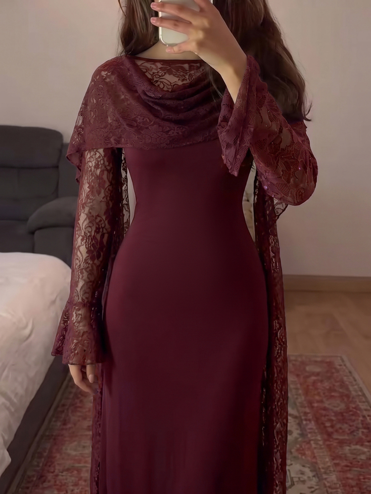 Modelyn فستان نسائي أنيق بطراز عتيق بتصميم رقعات ودانتيل فاخر، ضيق الجسم بأكمام طويلة مع أجواء رجعية - عنابي اللون - مشاهدة 7