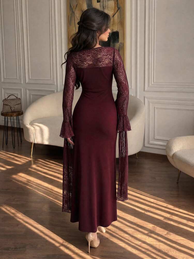 Modelyn فستان نسائي أنيق بطراز عتيق بتصميم رقعات ودانتيل فاخر، ضيق الجسم بأكمام طويلة مع أجواء رجعية - عنابي اللون - مشاهدة 2