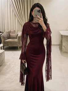 Modelyn Women's Elegant Vintage Patchwork Exquisite Lace Bodycon Long Sleeve Dress With Retro Atmosphere - Burgundy - View 3