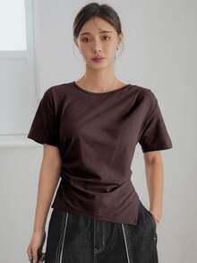 Dazy-Less Summer Simple Solid Color Casual Business Asymmetrical Hem Pleated Side Split Short Sleeve Women T-Shirt Preppy Tops - Chocolate Brown - View 1