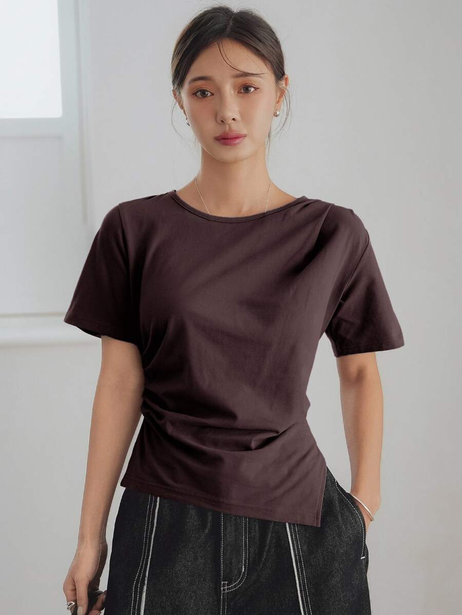 Dazy-Less Summer Simple Solid Color Casual Business Asymmetrical Hem Pleated Side Split Short Sleeve Women T-Shirt Preppy Tops - Chocolate Brown - View 1