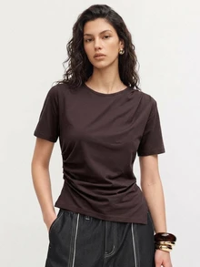 Dazy-Less Summer Simple Solid Color Casual Business Asymmetrical Hem Pleated Side Split Short Sleeve Women T-Shirt Preppy Tops - Chocolate Brown - View 7