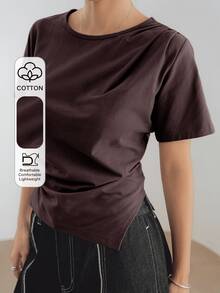 Dazy-Less Summer Simple Solid Color Casual Business Asymmetrical Hem Pleated Side Split Short Sleeve Women T-Shirt Preppy Tops - Chocolate Brown - View 5