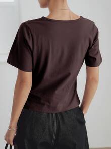 Dazy-Less Summer Simple Solid Color Casual Business Asymmetrical Hem Pleated Side Split Short Sleeve Women T-Shirt Preppy Tops - Chocolate Brown - View 4