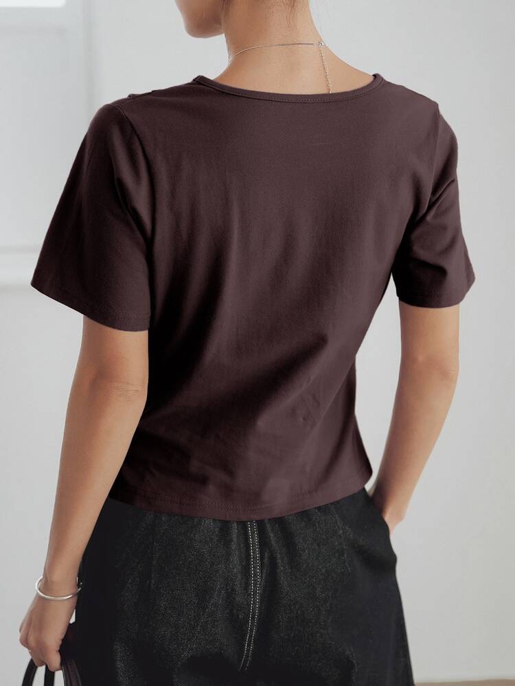 Dazy-Less Summer Simple Solid Color Casual Business Asymmetrical Hem Pleated Side Split Short Sleeve Women T-Shirt Preppy Tops - Chocolate Brown - View 4