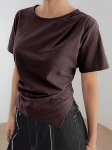 Dazy-Less Summer Simple Solid Color Casual Business Asymmetrical Hem Pleated Side Split Short Sleeve Women T-Shirt Preppy Tops - Chocolate Brown - View 6