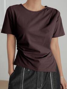 Dazy-Less Summer Simple Solid Color Casual Business Asymmetrical Hem Pleated Side Split Short Sleeve Women T-Shirt Preppy Tops - Chocolate Brown - View 3