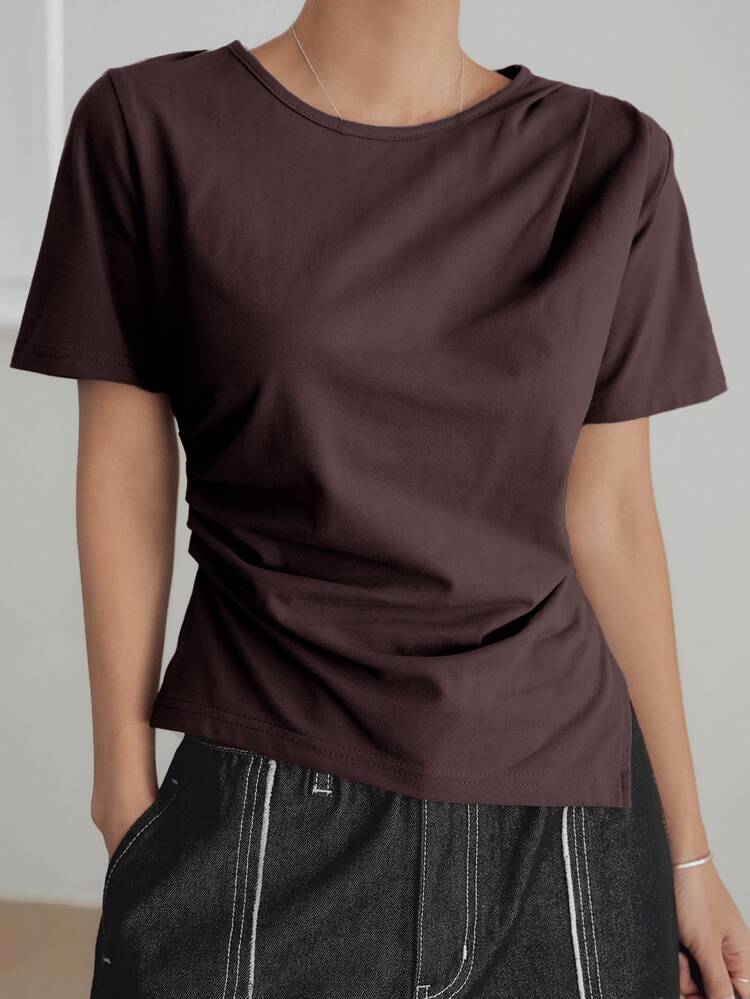 Dazy-Less Summer Simple Solid Color Casual Business Asymmetrical Hem Pleated Side Split Short Sleeve Women T-Shirt Preppy Tops - Chocolate Brown - View 3