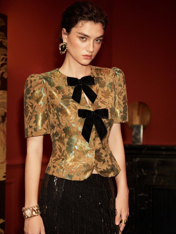 Arave Women's Top Slim Fit Puff Sleeve Metallic Jacquard V-Neck Black Bow Elegant Brown Black Floral Blouses For Women Holiday - Green - View 6