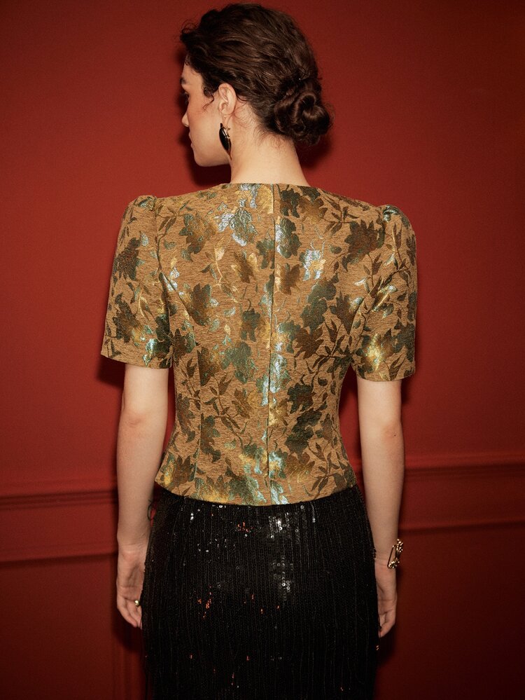 Arave Women's Top Slim Fit Puff Sleeve Metallic Jacquard V-Neck Black Bow Elegant Brown Black Floral Blouses For Women Holiday - Green - View 5