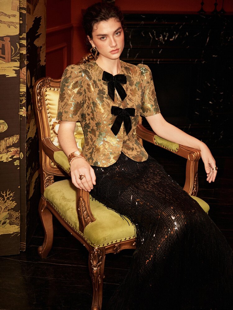 Arave Women's Top Slim Fit Puff Sleeve Metallic Jacquard V-Neck Black Bow Elegant Brown Black Floral Blouses For Women Holiday - Green - View 7