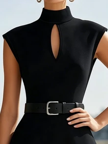 SHEIN Women's Solid Color Stand Collar Casual Party Dress - Black - View 7