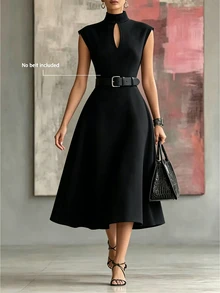 SHEIN Women's Solid Color Stand Collar Casual Party Dress - Black - View 15