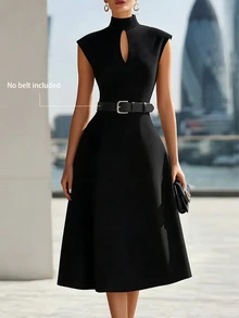 SHEIN Women's Solid Color Stand Collar Casual Party Dress - Black - View 4